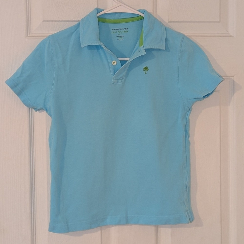 Lilly Pulitzer Boys Jr Atlantique Polo Shirt Light Blue Palm Tree Logo Large L‎